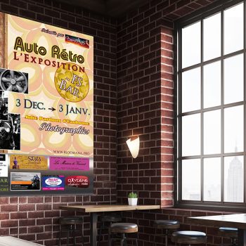 Close up of bar interior with stools, tables and large vertical poster on brick wall. Concept of pub culture. 3d rendering. Mock up. Toned image